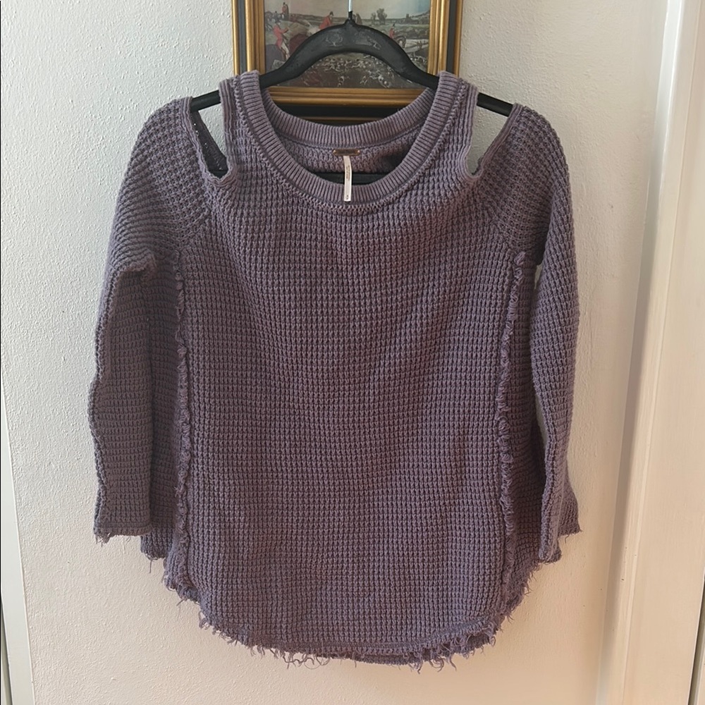 Purple Knit Sweater with Distressed Hem